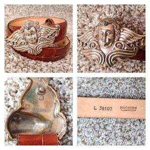Vintage 1995 Silver Tone Cherub Brighton Brown Leather Belt 38107 Size L